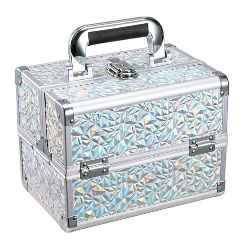 Joligrace Makeup Train Case Makeup Case Organizer Portable Cosmetic Box Storage with 2 Trays Mirror Locking with Keys Make Up Travel Case Nail Kits Traveling Makeup Box Shiny Silver