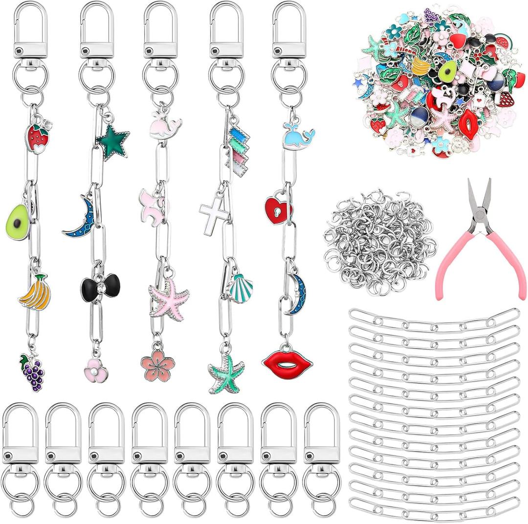 Tondiamo 286 Pcs Silver Keychain Making Kit Bulk Bag Charm Kit 120 Charms 20 Keychain Clips with Key Ring Swivel Snap Hook Lobster Claw Clasps 120 Jump Ring 25 Extender Chain Jewelry Plier DIY Craft