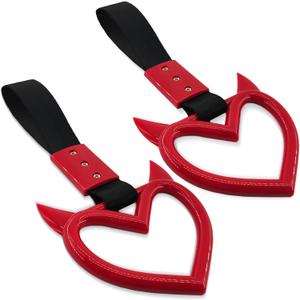 2PCS Heart shaped Car Handle Straps, Heart Car Accessories, Ring Hearts Shaped Cars Hand Strap Drift Charm, Universal Handle Keychains Accessory Suitable for Cars Bus (Red+black)