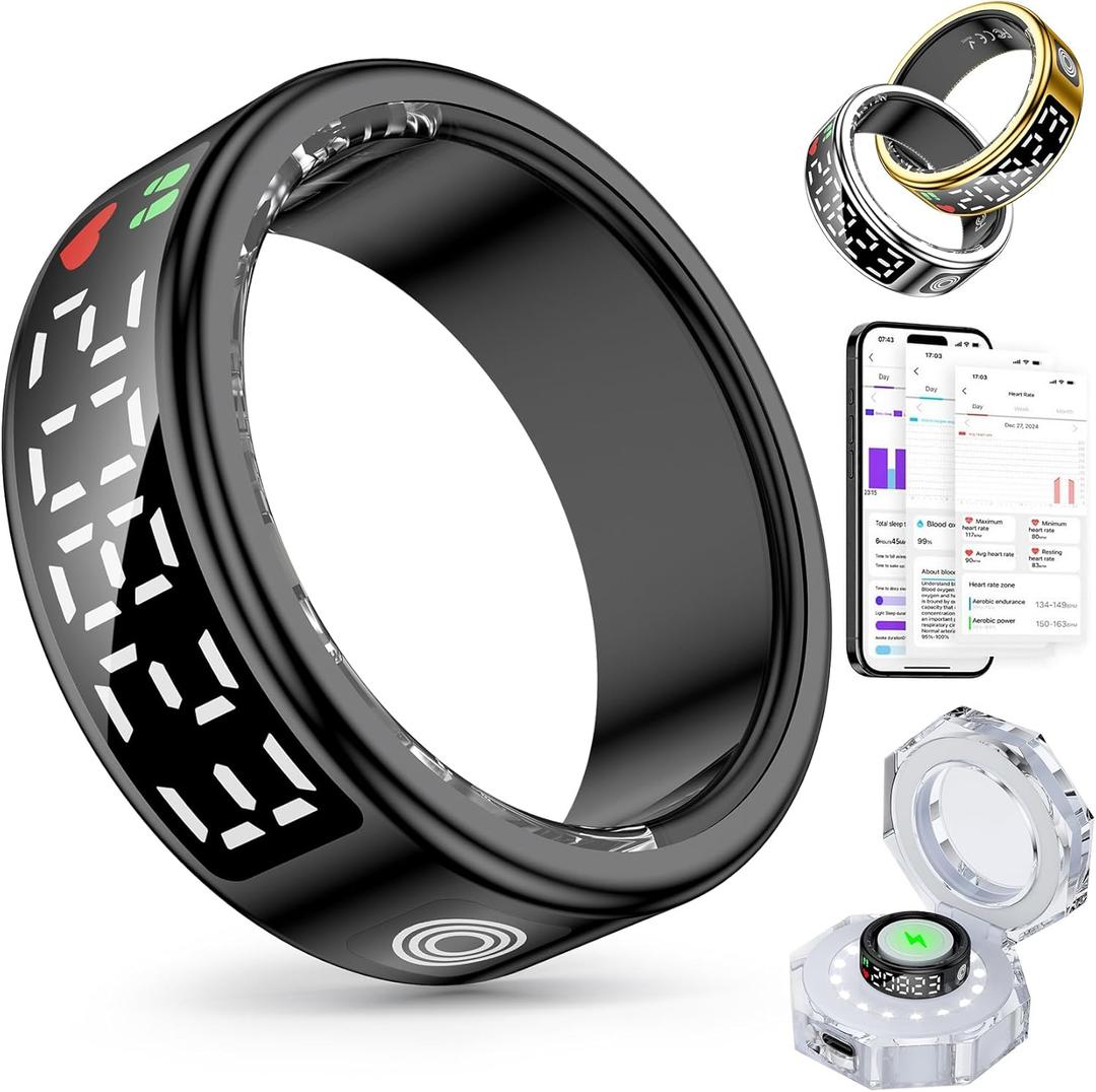Smart Rings for Women Men, Health Fitness Tracker Ring with LED Display Screen, Sleep Tracker Rings Compatible with iOS/Android Activity Tracker/Heart Rate/SpO2/Sleep/Step (9, Black)