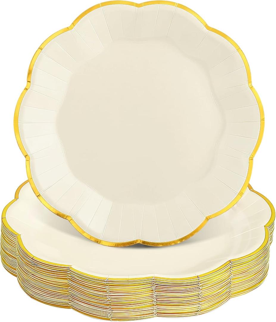 NatNarr 30 Pcs White and Gold Paper Plates, 9 Inch Cream Paper Plates Ivory Plate with Gold Trim Scalloped Wedding Plate for Baby Shower, Wedding, Birthday, Tea Party