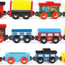 Wondertoys Wooden Train Cars 12 PCS Magnetic Train Sets Includes 3 Engines and Storage Bag - Wooden Train Set for Toddlers Compatible with Major Brands Train Set Tracks - Trains for Train Table