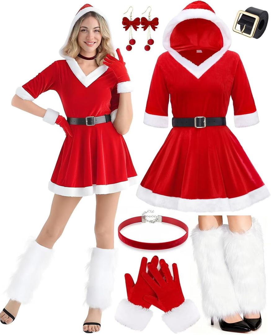 Christmas Lingerie for Women Sexy Santa Babydoll Dress Mrs Claus Costume Hooded with Accessories (Medium)