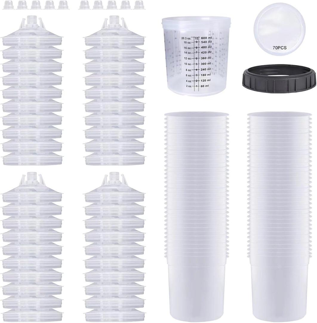 Disposable Paint Cups for Automotive Paint Guns, HVLP Paint Spray Gun 20 oz(600 ml) Kit with 70 Detachable Filters and Cup Liners, 40 Lids, 1 Hard Cup with Fixed Ring and 10 Plugs
