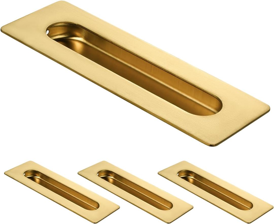 HOMOTEK 7 in Flush Pull Sliding Closet Door Handles 4 Pack Recessed Rectangular Big Handles Bypass Door Handles, Large Size Stainless Steel Barn Door Finger Pull Set, Free of Sharp Edge (Brushed Brass)