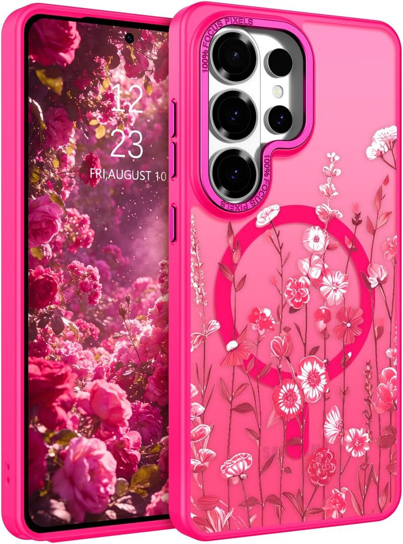 DOMAVER for Samsung Galaxy S26 Ultra Case, Magnetic Phone Case for Samsung S26 Ultra [Compatible with MagSafe] Slim Fit Flowers Floral Design Shockproof Protective Bumper Women Girls Cover- Hot Pink
