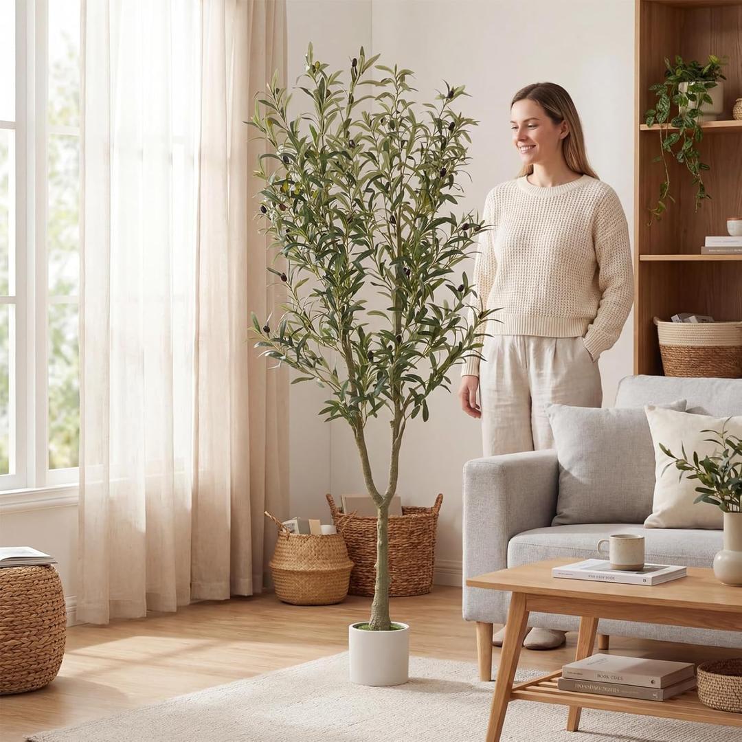 Faux Olive Tree, 6FT Artificial Olive Trees with Lifelike Olive Branches and Fruits, Fake Floor Plants with Pot for Indoor Home Office Living Room Outdoor Decor