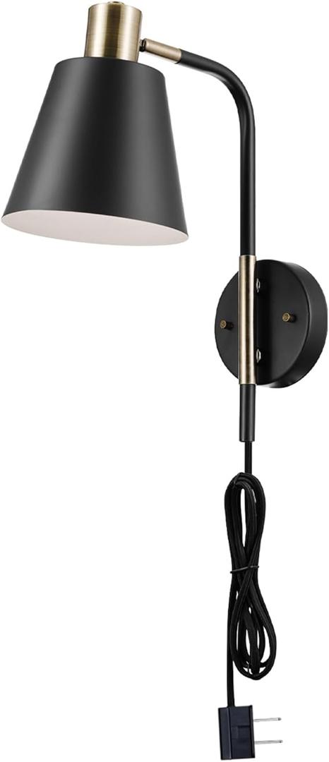 Globe Electric 51374 Cleo 1-Light Plug-in or Hardwire Wall Sconce, Matte, Antique Brass Accents, Black Cloth Cord, 14.44