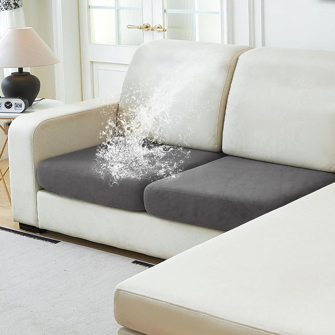 NAISI Waterproof Couch Cushion Covers Thick Velvet Fabric Washable Sofa Slipcovers 2 Pieces Individual Sectional Couch Covers with Elastic Bottom(2 Pcs for 2-Seat or Backrest,Grey)