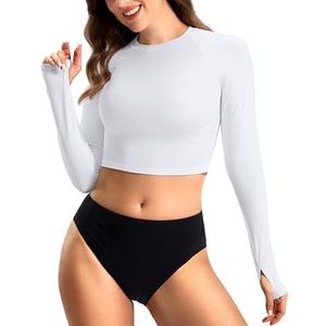Soothfeel Rash Guard for Women Long Sleeve Crop UPF 50+ Sun Protection Swim Shirts Quick Dry Bathing Suits Swimsuit Tops Only, L
