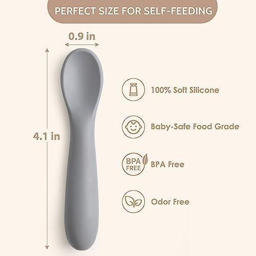 3 Pack Baby Spoons, Shorter Length for Self Feeding, First Stage Spoons, Food Grade Silicone, 6+ Months, Baby Training Spoons, Dishwasher Safe & Boil-proof