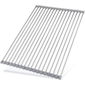 Roll Up Dish Drying Rack 20.5"(L) x 13.8"(W) - Stainless Steel and Silicone Dish Drying Mat Over The Sink Foldable Drain Rack Multipurpose Dish Drainer Extra Large, Gray