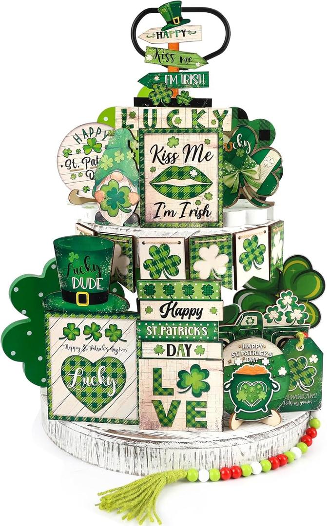 Tenn Well 25-Piece St. Patrick's Day Decor Set, Shamrock Wooden Tray Decor, Irish Green Truck Shamrock, Rustic Farmhouse Tiered Tray Essentials for St. Patrick's Day Supplies