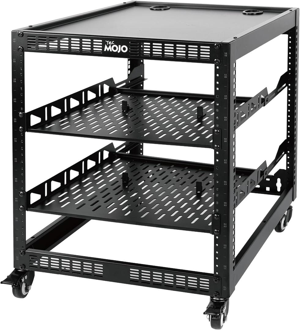 Tecmojo 12U Open Frame Network Rack for IT &AV Gear, AV Rack 4-Post with casters, Mobile 12U Rack with 2 PCS 1U Server Rack Shelf & Mounting Hardware, for 19" Network, Black