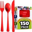 Red Plastic Silverware Heavy Duty 150 Pcs Red Plastic Cutlery Sets, Utensil Sets, 50 Of Each Forks, Knives & Spoons Disposable Cutlery Set, Flatware Set For Party Supplies Party Solids