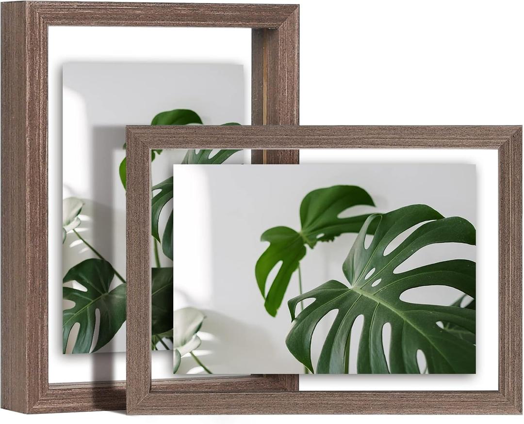 Egofine 5x7 Floating Frames Set of 2, Double Plexiglass Picture Frame, Made of Solid Wood Display Any Size Photo up to 5x7, Wall Mount or Tabletop Standing, Brown