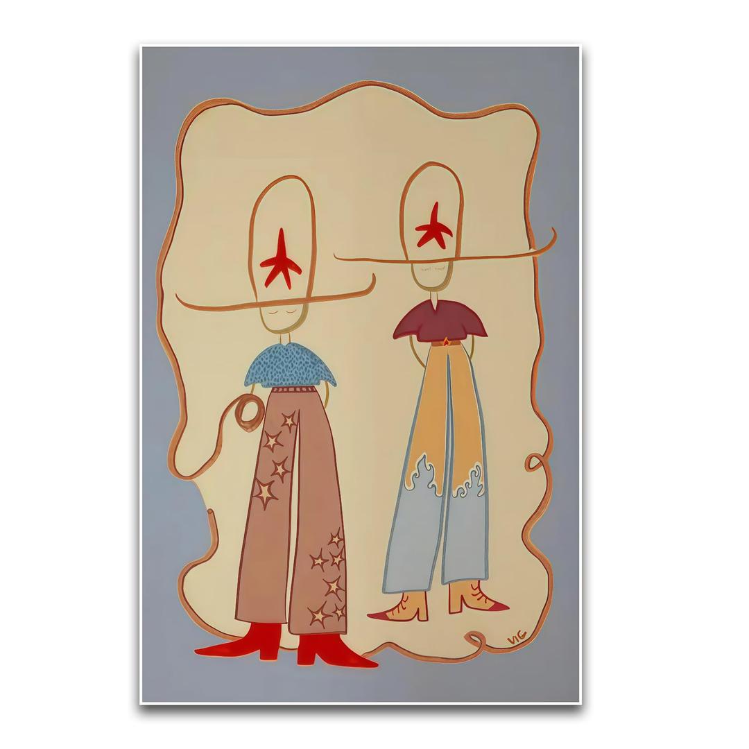 ZHBJSM Retro Cowgirl Duo Wall Art Modern Whimsical Western Boho Star Wave Pattern Warm Earthy Tone Home Living Room Bedroom Entryway Playful Nostalgic Interior Decor Accent Piece 16x24 Inch Unframed