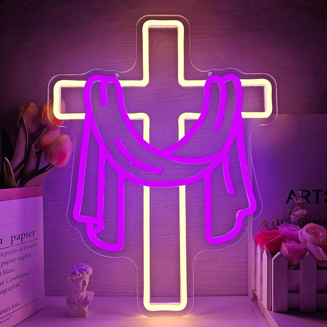 Easter Cross Neon Sign Dimmable Christian Easter Led Sign Jesus Neon Wall Decor Resurrection Light Up Cross Religious neon lights for Home Farmhouse Porch
