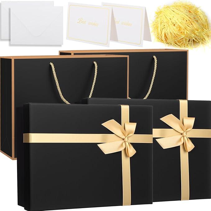 AmazingSpark 2 Sets Gift Box 11.4x8.6x4.1 Inches, Large Black Gift Boxes for Presents with Gift Bag, Ribbons, Card, Shredded Paper Filler, for Wedding, Birthdays, Mother's Day Gift Packaging