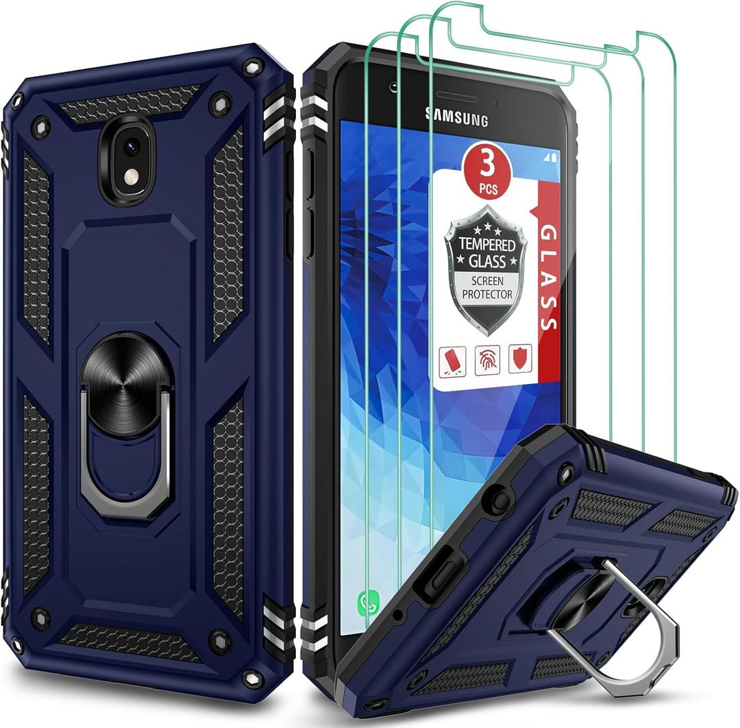 for Galaxy J7 2018/J7 V/J7 Star/J7 Refine 2018 Case, with [3X Tempered Glass Screen Protector], Built-in Ring Kickstand and Magnetic Car Mount Shockproof Dropproof Cover for Galaxy J7 (2018) - Blue
