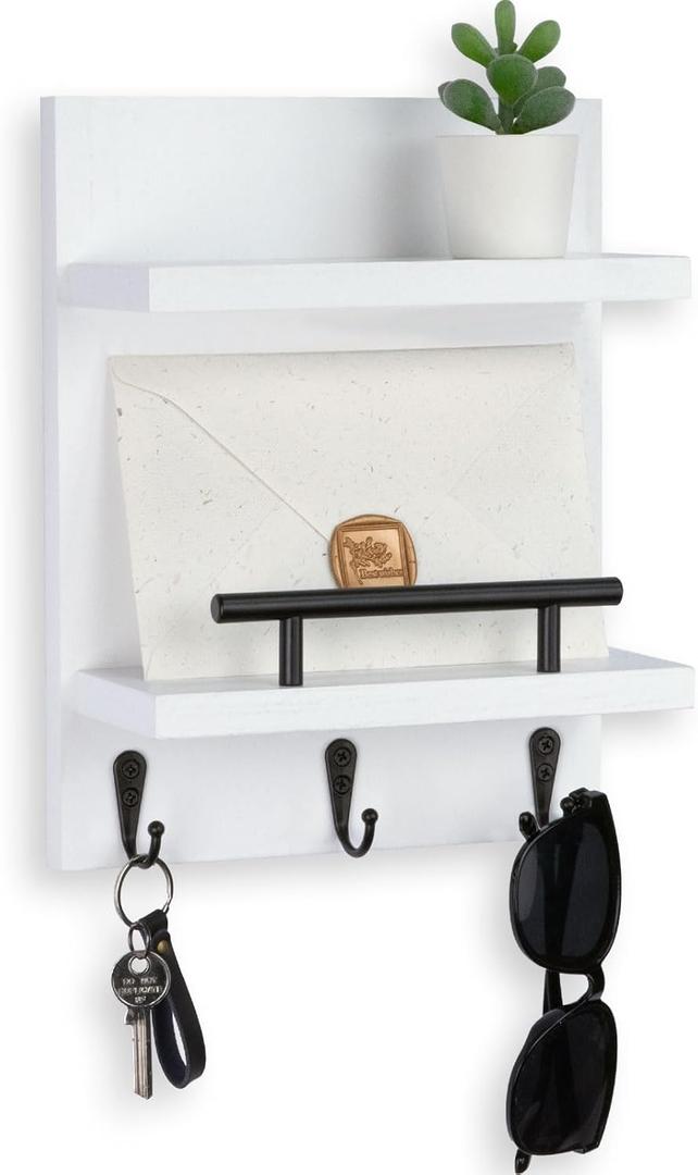 Key Holder Wall Mount, Mail Shelf Decor with 3 Key Hooks, Versatile Wood Wall Organizer for Entryway Hallway (8.2 x 10.6x 3.6) (White)