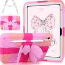 VOFUOE for iPad A16 Case 11th Generation 2025 11 Inch, for iPad 10th Generation Case 2022 10.9 Inch for Kids Girls with Sweet Bow Stand Shoulder Strap Pencil Holder Hard Protective Cover-Hot Pink