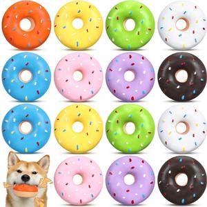 JellyArch 16 Pcs Latex Squeaky Dog Toys Donut Small Dogs Squeaky Chew Toys for Aggressive Chewers Soft Interactive Fetch Play No Stuffing Durable Teething Items for Small Puppy