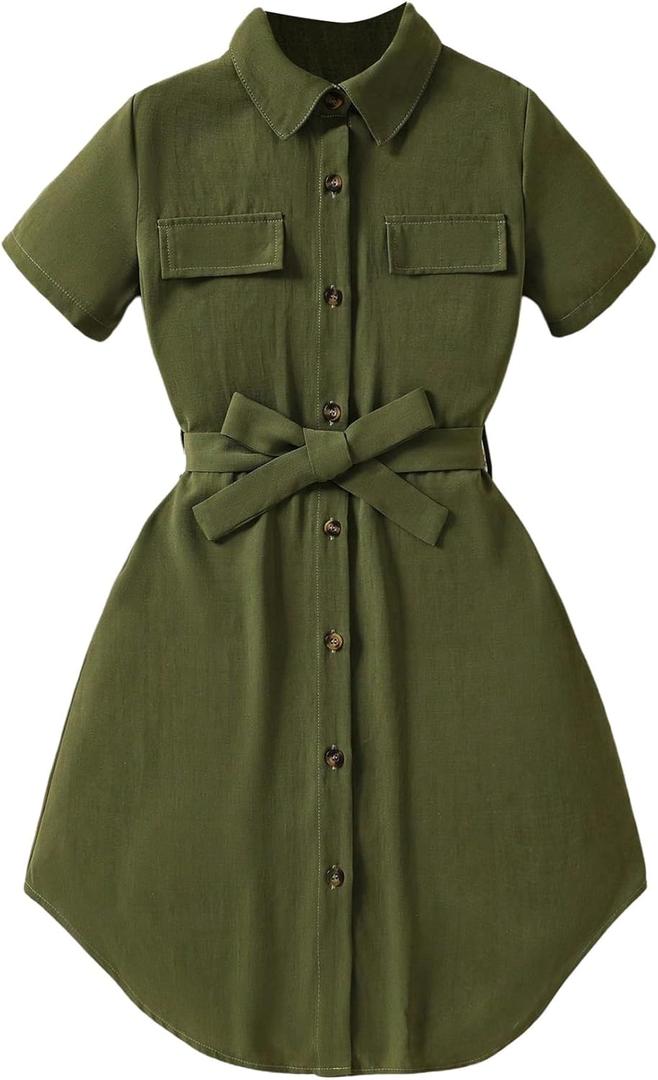 OYOANGLE Girl's Button Down Collared Dress Short Sleeve A Line Casual Belted Dresses Green 11-12Y