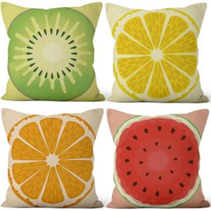 Summer Fruit Throw Pillow Covers 26''x26'' Set of 4, Lemon Watermelon Kiwifruit Orange Pillowcase Colorful Printed Cushion Covers for Couch Sofa Bedroom Farmhouse Garden Patio Decorative