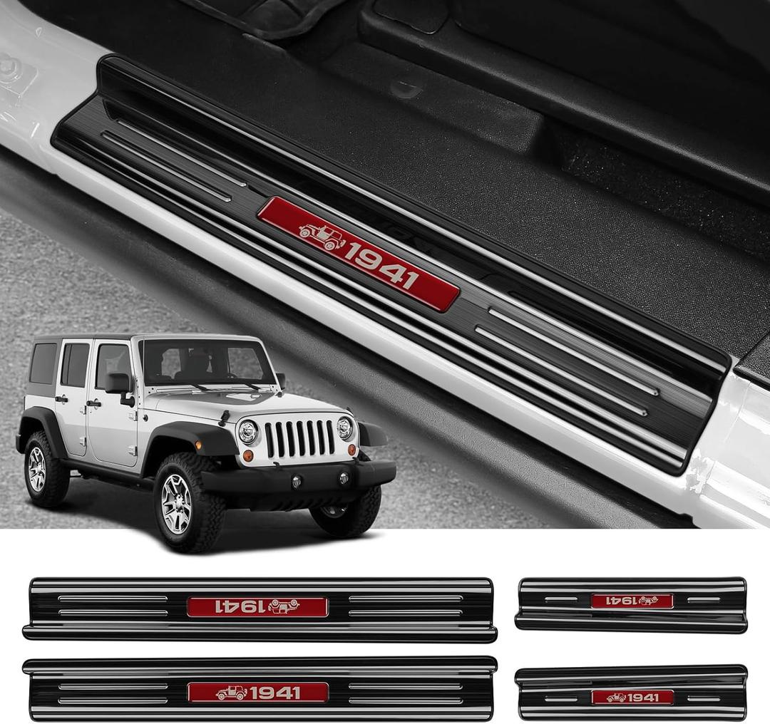 ZZEQYG 4 Pcs Stainless Steel Door Sill Protector Compatible with Jeep Wrangler JK JKU Sport Sahara Rubincon 2007-2017 Accessories Stainless Steel Red Trim 4-Door Sill Guards Trim