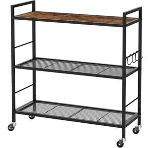 3-Tier Metal Storage Rack with Industrial Wheels,Mesh Shelving Unit with Wooden Table top,Adjustable Shelf,31.5-Inch Width, for Kitchen, Laundry,Pantry,Plant,Black