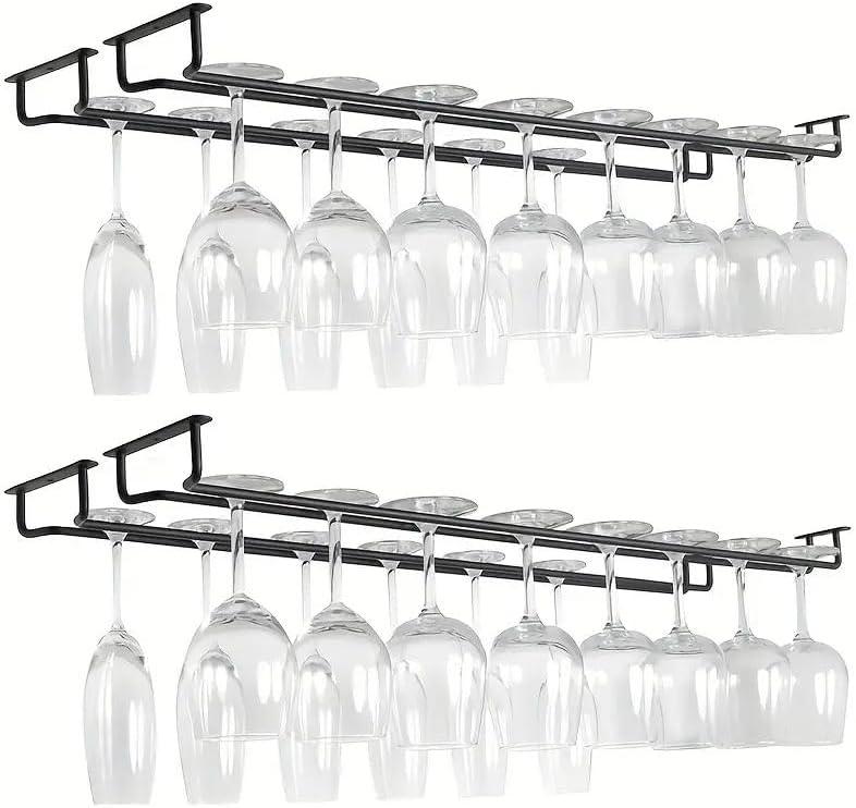2 Pack Black Wine Glass Rack, 14 Inch Under Cabinet Stemware Holder, Wall Mounted Iron Wine Glass Hanging Rack for Shelf, Kitchen, Bar, Wine Cellar Storage, Organizer, Display