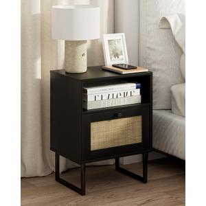 Masupu Rattan Nightstand,Modern Boho Farmhouse Wood Bedside Table with Storage Drawer and Open Shelf,Small Black Frame Side End Table for Bedroom,Living Room,Office, Black,  Normal Size 