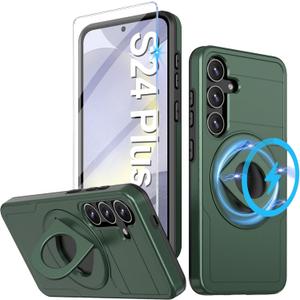 for Samsung Galaxy S24 Plus Mag-Safe Kickstand Case with Screen Protector,Slim Shockproof Military Heavy Duty Anti-Drop Full Body Protection,360 Stand Magnetic Phone Case for S24 Plus (Green)