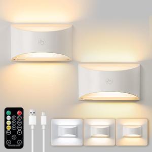 Brightown Battery Powered Wall Sconces Set of Two, Rechargeable Magnetic Wall Sconce 3 Colors Wireless Up and Down Wall Mount Light for Hallway Bedroom Bedside Living Room(White)