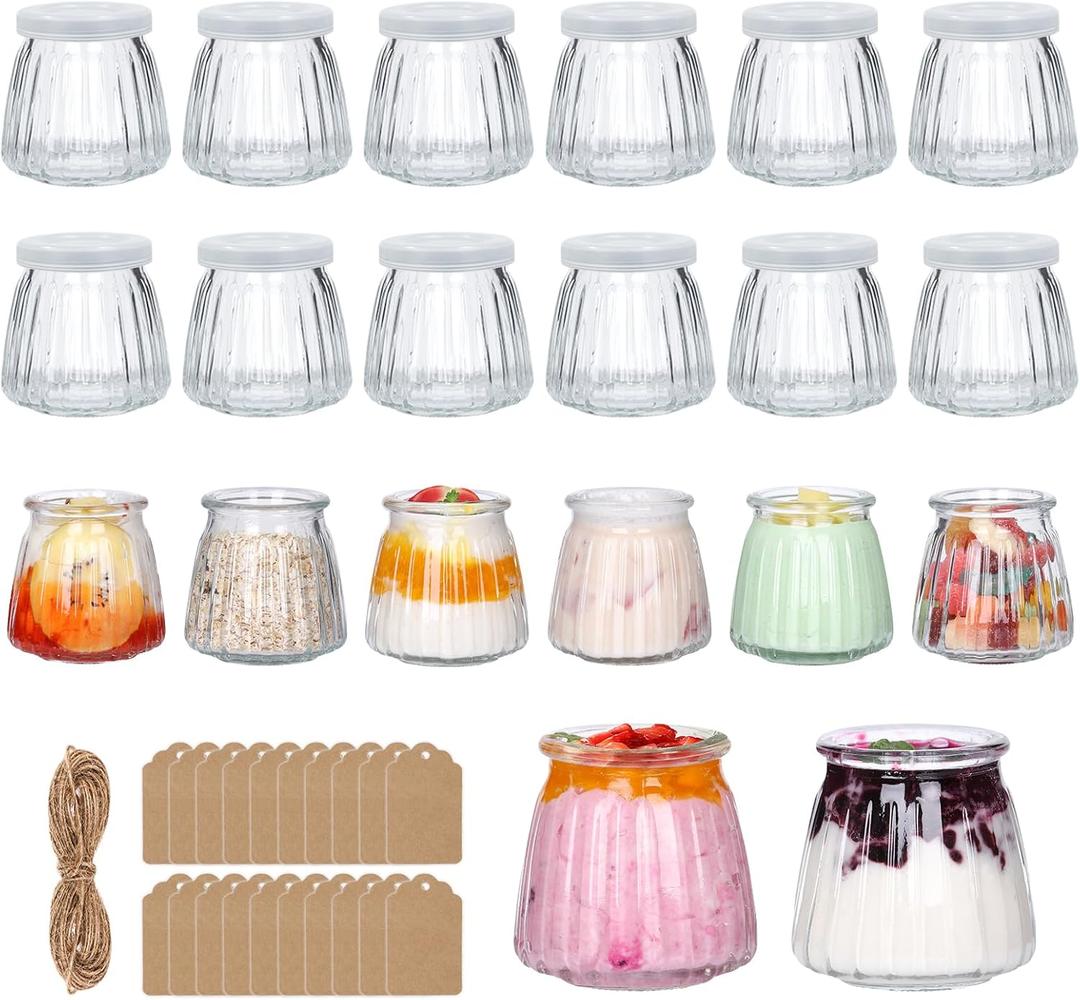 Jaisie.W 4 oz Glass Jars with Lids 20Pack, Empty Small Glass Jars with Lids 4 oz with Tags&Twine, Yogurt Jars/Pudding Jars for Jams, Jelly, Mousse (4fl.oz, Set of 20)