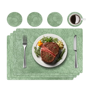Placemats Set of 4 with 4 Coasters,Carving Floral Design,Non-Slip, Heat Resistant,Washable for Kitchen and Dining Table,Artificial Leather Place Mats (Green)