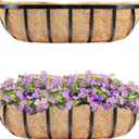 HFHOME 2 Pcs 24" Window Box Deck Railing Planter with Horse Trough Coco Liners, Black Metal Hanging Flower Planters Baskets for Indoor, Outdoor, Balcony, Porch, Fence, Patio, and Lawn