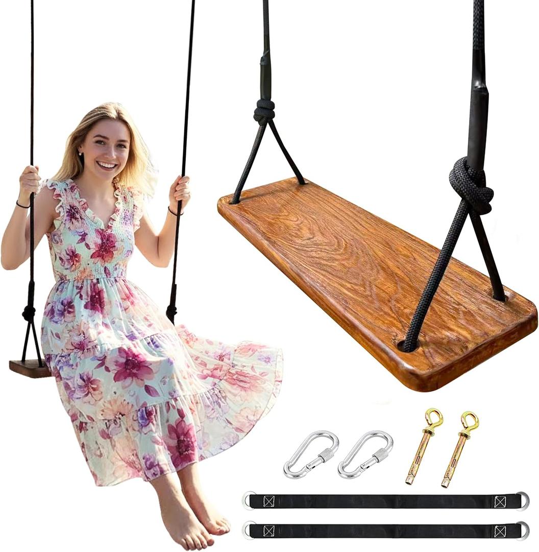 Wooden Swing,Wood Tree Swing for Adults Kids,Adjustable Climbing Rope Plus Tree Straps,24"x8"x1.2"/500LBS,Upgraded Matte Finish Wood Swing & Climbing-Grade Rope for Backyard Playground