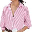 Womens Blouses Casual Tops Frenchy Striped Print Drop Shoulder Shirt Casual Work T Shirts (XL, Pink)