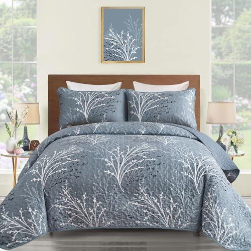 DJY Quilt Set Queen Size Blue Branch Floral Quilt Bedding Set, 3 Pieces Tree Botanical Bedspread Lightweight Microfiber Summer Coverlet Bedding Set for All Season 96''x90