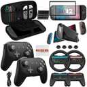 Pro Controllers Accessories Bundle for Nintendo Switch 2 20-in-1: Wireless Controllers, Carrying Case, Screen Protectors, Dockable Console Protective Case, Steering Wheels and Thumb Grips for Joysticks - Grey