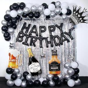 Black Happy Birthday Decorations for Men,Black Birthday Decorations with Banner, Fringe Curtains,Foil Balloons, Balloon Kits for 21st,25th 27th 30th 35th 40 50 60th Birthday Decorations