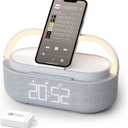 COLSUR Bluetooth Speaker Alarm Clock with Wireless Charger, FM Radio, Adjustable LED Night Light, 6 in 1 Bedroom Portable Speaker 2500mAh, Phone Stand for Bedside, Home, Office, Gift (Gray)