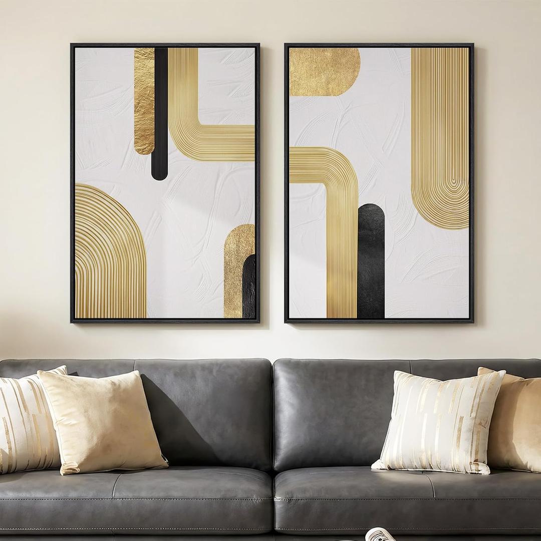 Framed Gold Abstract Modern Luxury Wall Art for Living Room, 24x36 Inch, 24" W x 36" H x 2Pcs