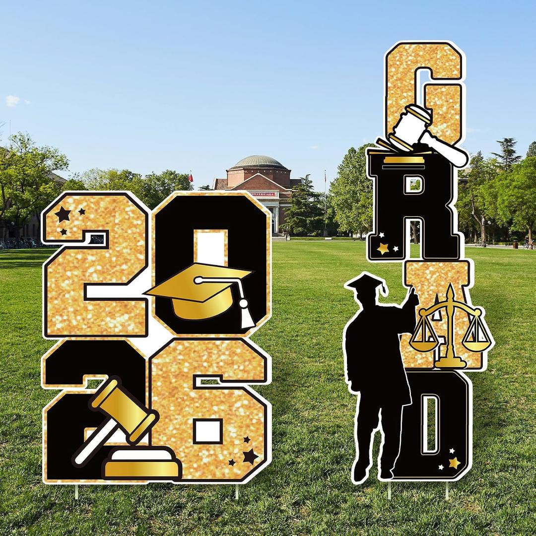 Jetec 4 Pcs Law School Graduation Yard Signs Large Size Glittering 2026 Black Gold Graduation Decorations Grad Future Lawyer Yard Signs with Stakes for College High School Outdoor Grad Party Decor