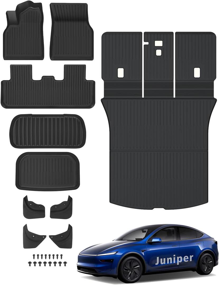 Floor Mats Custom for Tesla Model Y Juniper 2025 2026 5-Seat Cargo Liner with Backrest Mat All Weather TPE Full Set with Front Trunk Mat Rear Cargo Liner & Mud Flaps for Juniper Accessories, Black
