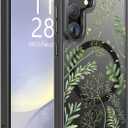 Goodon for Galaxy S25 Case, Wireless Charging Compatible, Shockproof Translucent Matte Cover - Cute Floral Design Phone Case for Women Girls - Green Leaves