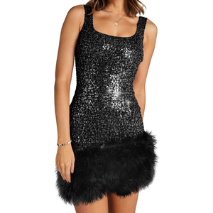 Wenrine Womens Sparkly Sequin Dress Bodycon Square Neck Fur Club Party Mini Dresses, M