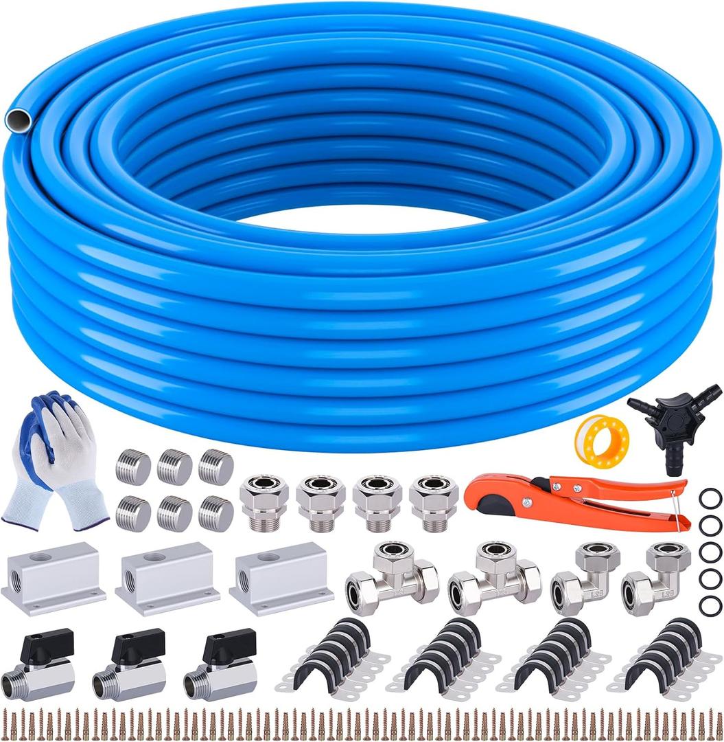 Compressed Air Line Kit, 3/4 Inch ID x 100FT HDPE-Aluminum Compressed Air Piping System, Garage Air Compressor Line Kit Accessories for Shop | 200 PSI | 90PCS